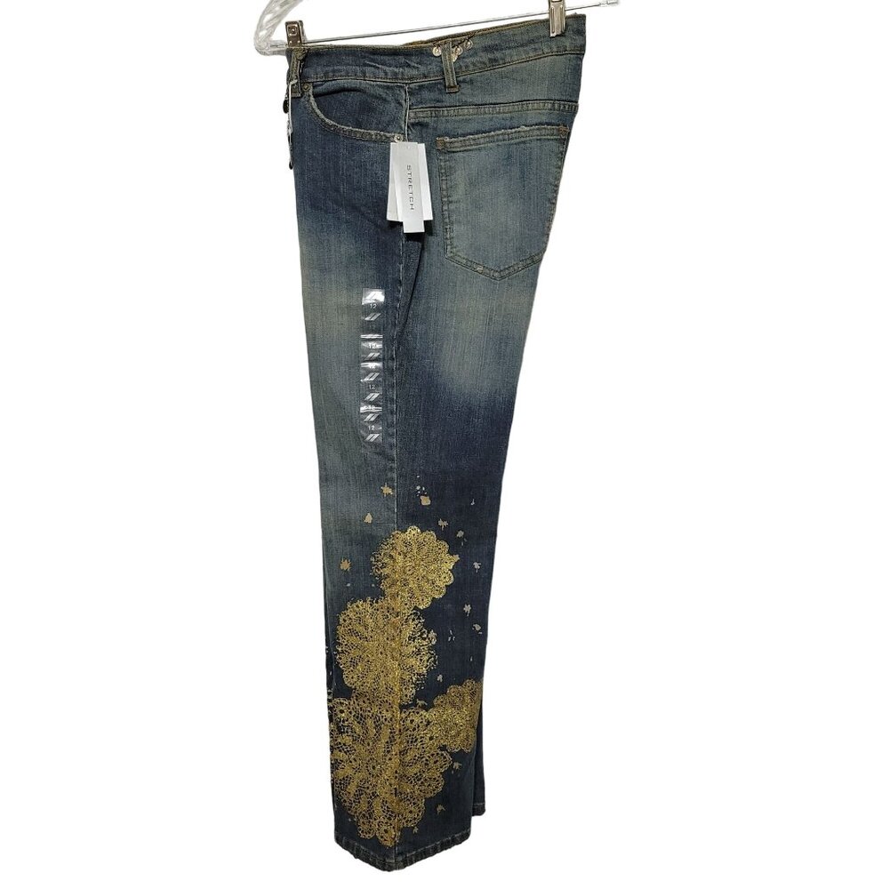 DKNY NWT Size 12 Jeans Denim Gold Glitter So Low Lita Chain Belt Boot Distressed - Picture 3 of 16